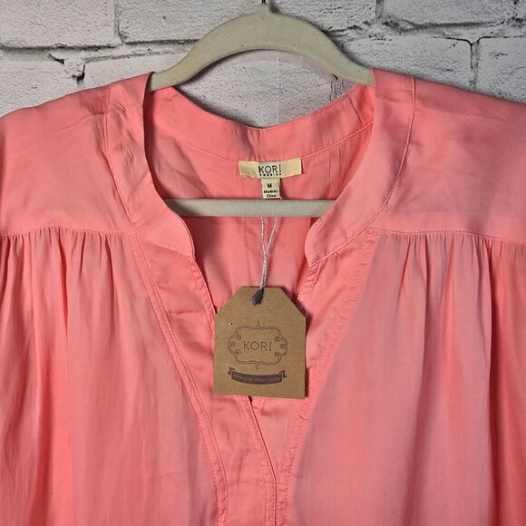 KORI AMERICAN VNECK SHORT SLEEVE BLOUSE CORAL WOMENS MED OVERSIZED NWT - Picture 5 of 8